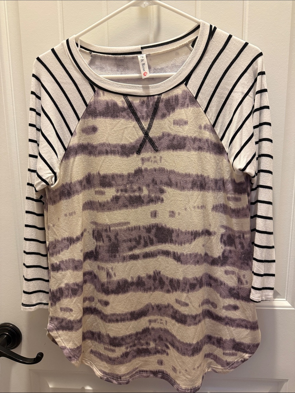 P & Rose Striped Raglan Tie-Dye Long Sleeve Top - Cream/Purple/Black/White (S)